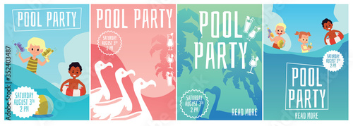 Summer pool party poster set with cartoon children and flamingo birds