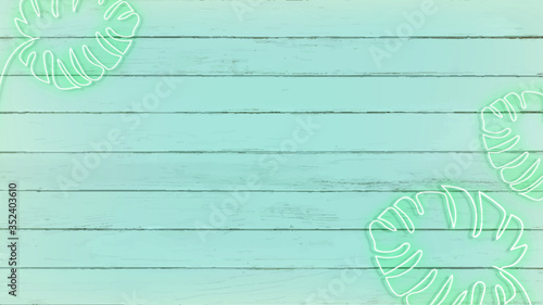 Green neon lights Monstera deliciosa or Swiss cheese leaves on wood background mockup vector
