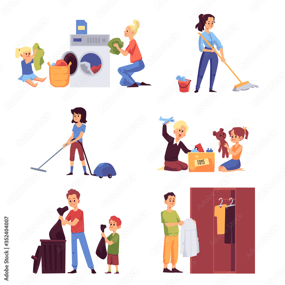 Family engaged in chores and house cleaning, flat vector illustration isolated.