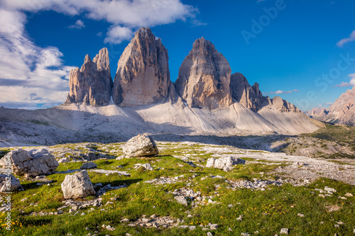 Beautiful Tre Cime di Lavaredo Mountains with blue sky, Dolomites Alps, Italy