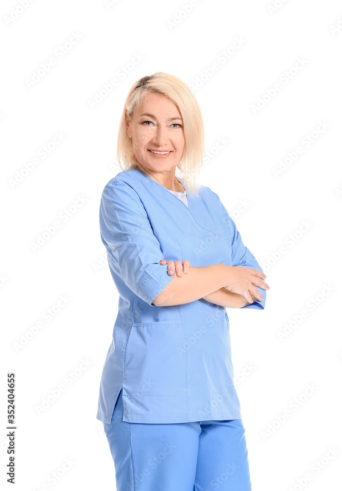Portrait of female massage therapist on white background Portrait of female massage therapist on white background