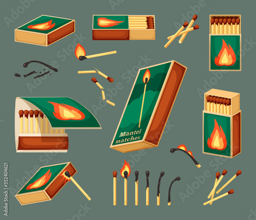 Match flammable set. An open matchbox full of boxes, close-up with a fire icon, a burning sulfuric match with fire, burned, turned into ashes, broken, ignited. Vector graphics.