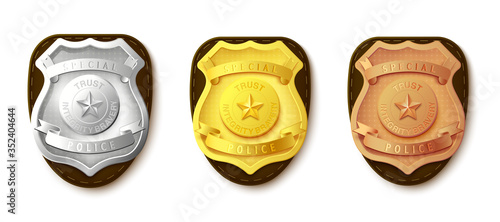 Templates set of police badges or emblems realistic vector illustration isolated.