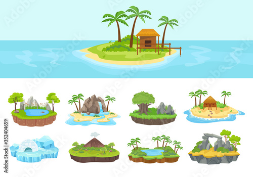 Islands set. Isometric tropical, arctic, island with green palm trees and grove, reeds, volcano, covered with ice with needle, stone buildings, waterfall and bungalows on shore. Vector graphics.