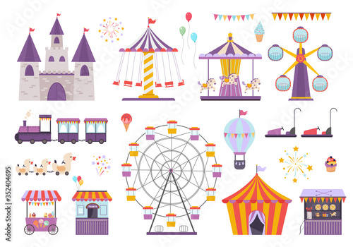 Amusement park set. Colorful carousel with horses, ferris wheel, fun on aroller coaster, orange ice cream tent, children s electric cars, children s train, fireworks and balloon. Vector graphics
