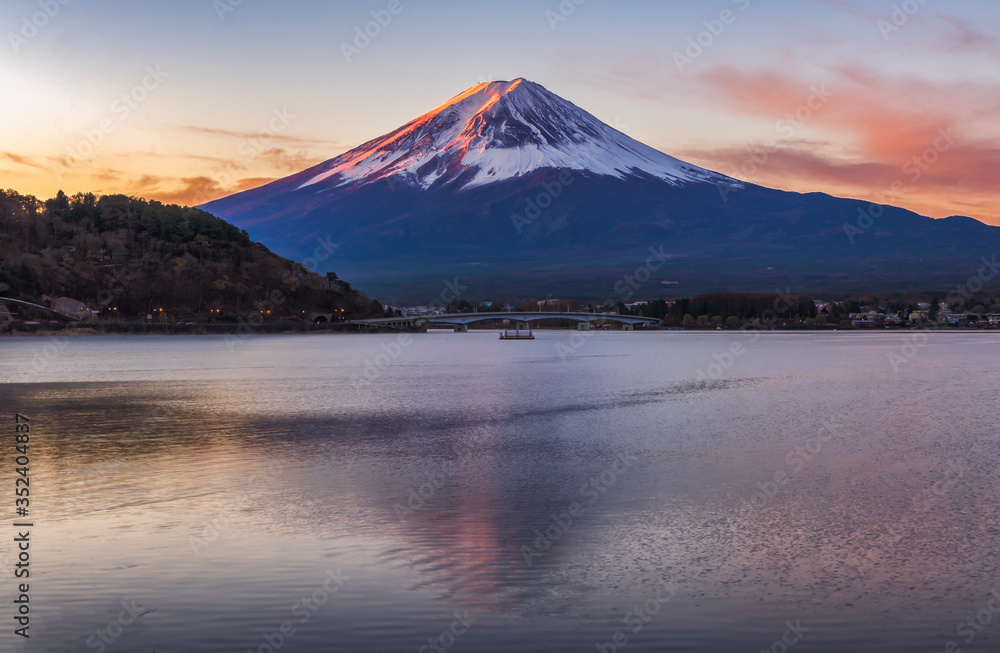 Fuji Mountain Reflection with Twilight Sky at Sunrise, Kawaguchiko Lake, Japan Fuji Mountain Reflection with Twilight Sky at Sunrise, Kawaguchiko Lake, Japan
