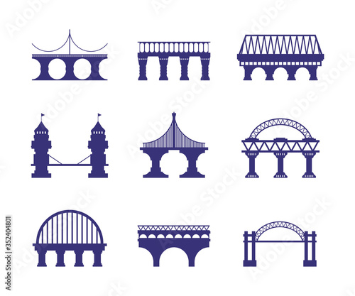 Bridge architecture. Urban silhouette arch cable-stayed road bridge construction segments pillars adjustable supports cable suspension architecture metal and stone construction. Vector silhouettes.