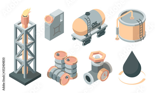 Oil isometric production set. Derrick with fire storage tank canister transportation fuel valve oil tanker storage tank raw materials black drop symbol industrial processing. Isometric style vector.