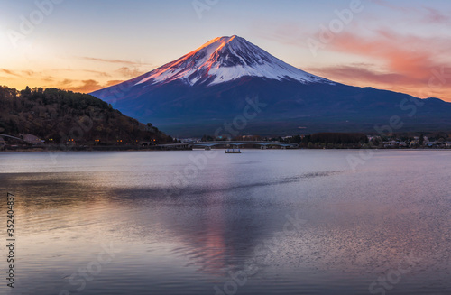 Fuji Mountain Reflection with Twilight Sky at Sunrise  Kawaguchiko Lake  Japan