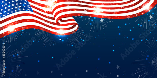 Creative Fourth of July American independence day background with USA flag-waving, firework burst & stars. Use for sale banner, discount banner, Advertisement banner, postcard, etc. 