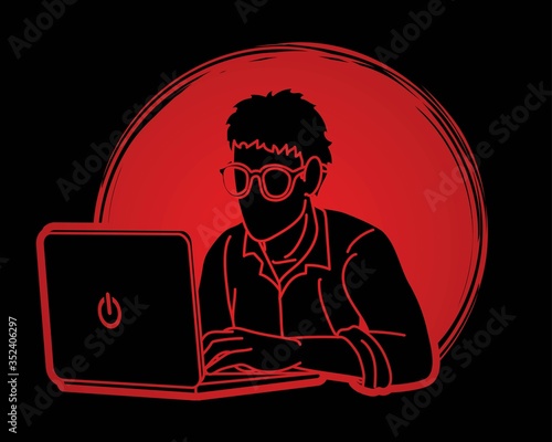 Man works on his laptop cartoon graphic vector.