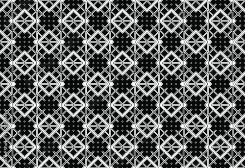 Intricate linear black and white repeating pattern of squares and diamond shapes, vector illustration