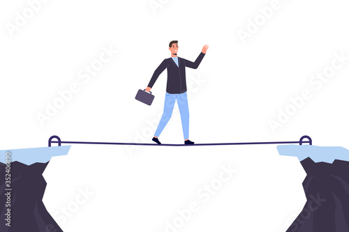Risk challenge in business. Businessman walking on rope. Success in business concept. Vector illustration.