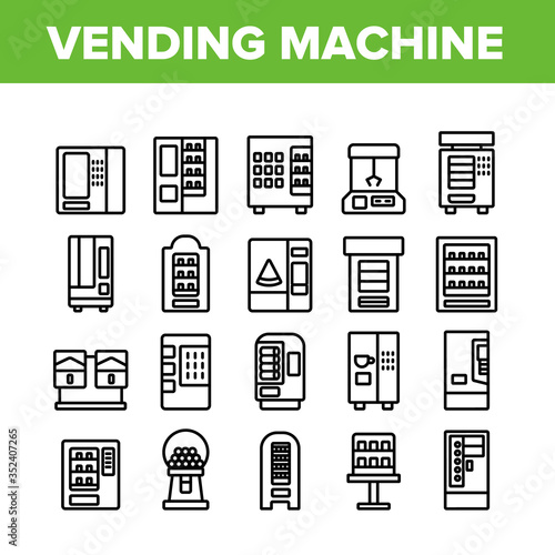 Vending Machine Selling Service Icons Set Vector. Vending Machine Technology With Food And Drink, Coffee And Tea, Bubbles Gum And Toys Concept Linear Pictograms. Monochrome Contour Illustrations
