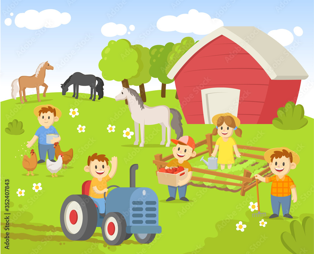Life on a farm with field, trees, tractor, shed, and animals. Colorful flat vector illustration, isolated on white background.