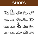 Shoes Footwear Shop Collection Icons Set Vector. Different Shoes Sneaker And Moccasin, Slippers And Boots, Toe And Loafer Concept Linear Pictograms. Monochrome Contour Illustrations