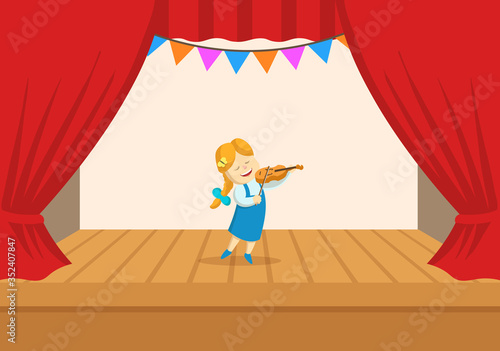 Funny little girl playing violin on the stage of the theater. The play in the kindergarten. Colorful flat vector illustration, isolated on white background.