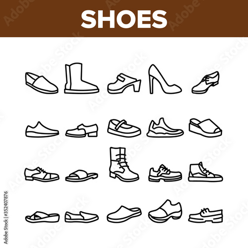 Shoes Footwear Shop Collection Icons Set Vector. Different Shoes Sneaker And Moccasin, Slippers And Boots, Toe And Loafer Concept Linear Pictograms. Monochrome Contour Illustrations