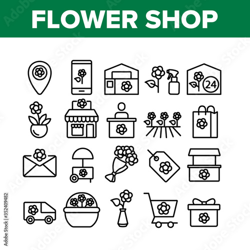 Flower Shop Boutique Collection Icons Set Vector. Flower Shop Delivery And Map Location, Bouquet And In Pot, Greenhouse And Garden Concept Linear Pictograms. Monochrome Contour Illustrations