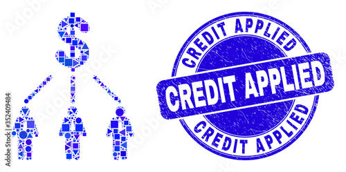 Geometric dollar managers links mosaic pictogram and Credit Applied seal. Blue vector round grunge seal with Credit Applied phrase. Abstract mosaic of dollar managers links organized of sphere,