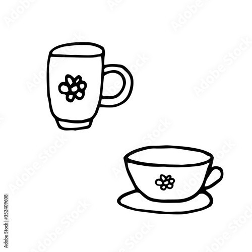 cups hand drawn in doodle style. vector scandinavian monochrome minimalism. set of elements for design. menu, kitchen, cafe, coffee, tea, drinks, mugs