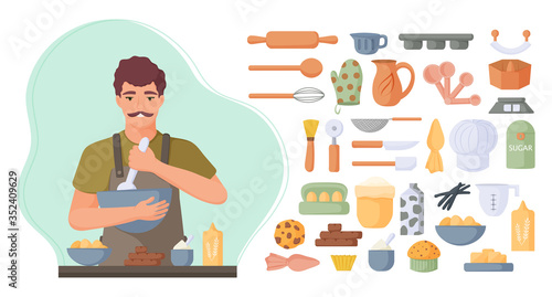Pastry chef and baking tools. Kitchen items collection. Design for menu, packaging, poster, banner, print. Vector illustration. 