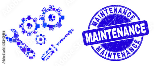 Geometric instrumental tools mosaic pictogram and Maintenance seal stamp. Blue vector round distress seal stamp with Maintenance message. Abstract mosaic of instrumental tools designed of round,
