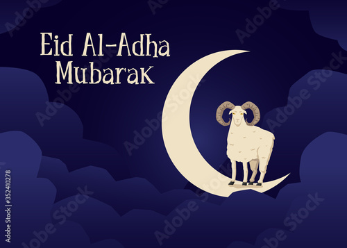 Eid Al-Adha Mubarak greeting card with ram sheep standing on crescent moon