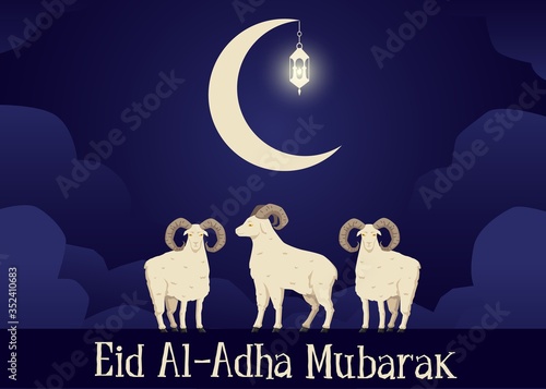 Eid Al-Adha Mubarak greeting banner with sacrifice animals vector illustration.