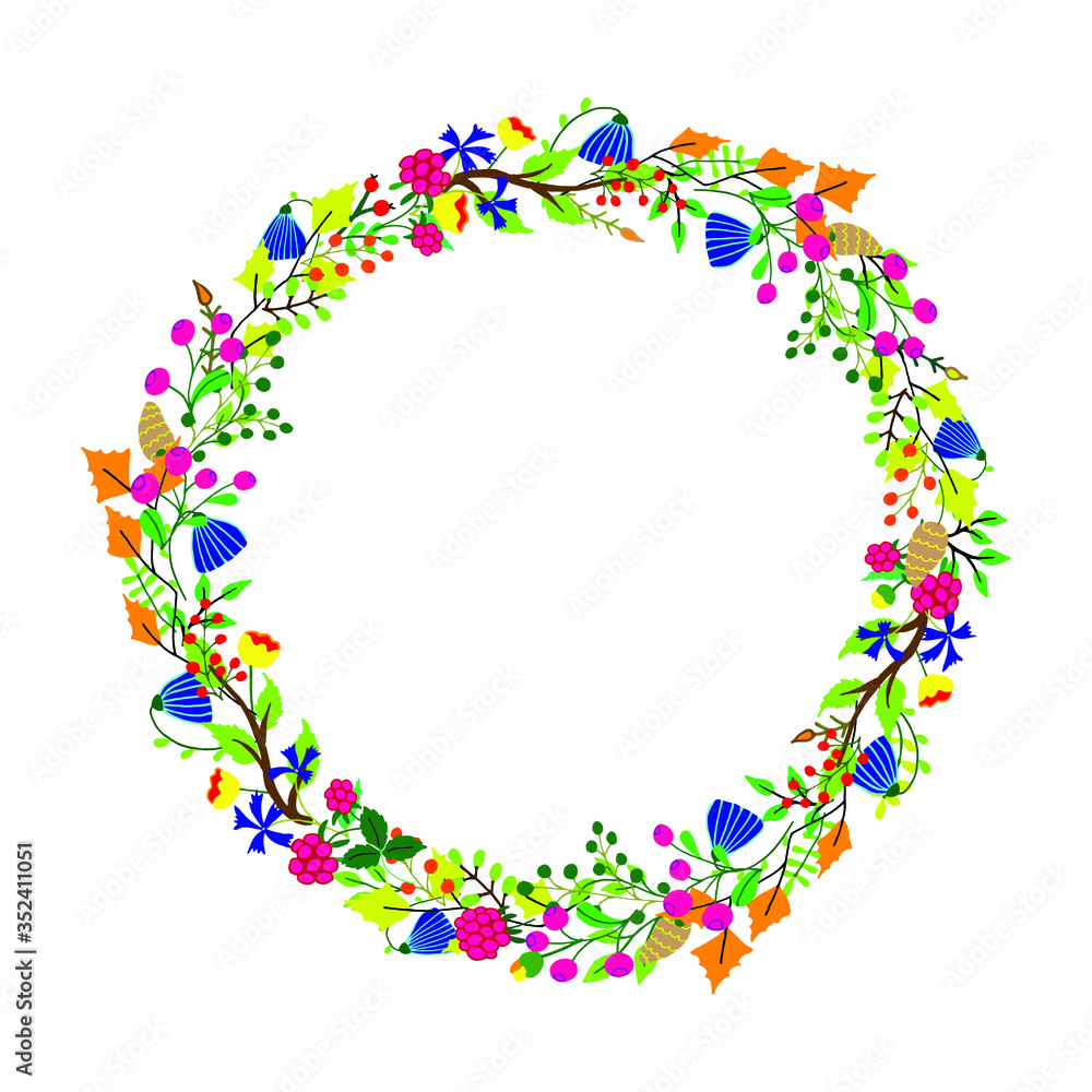 Vector illustration of a round wreath of autumn leaves, ripe wild berries, wildflowers, herbs. Isolated botanical elements drawn by hands on a white background. Design for the harvest festival.