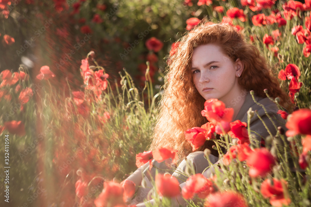Naklejka premium Young beautiful red-hear girl in red poppy field
