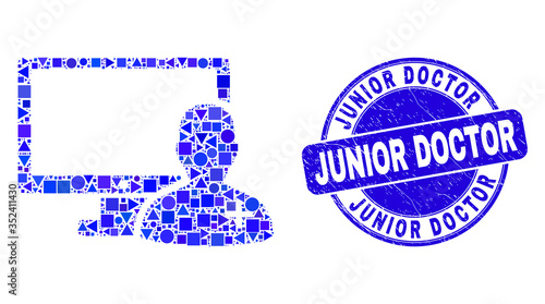 Geometric online doctor mosaic icon and Junior Doctor seal stamp. Blue vector rounded distress stamp with Junior Doctor text. Abstract mosaic of online doctor organized of round, triangles,
