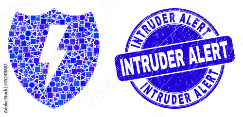Geometric electric shield mosaic icon and Intruder Alert stamp. Blue vector round distress seal stamp with Intruder Alert message. Abstract collage of electric shield constructed of round, tringle,
