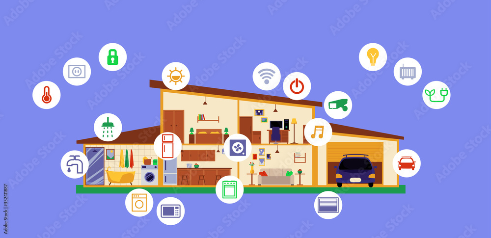 Smart house poster with building in cross section view with technology icons