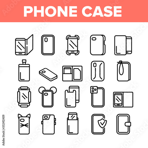 Phone Case Accessory Collection Icons Set Vector. Phone Protection Tool In Different Style, Glass Screen Protect And Waterproof Pouch Bag Concept Linear Pictograms. Monochrome Contour Illustrations