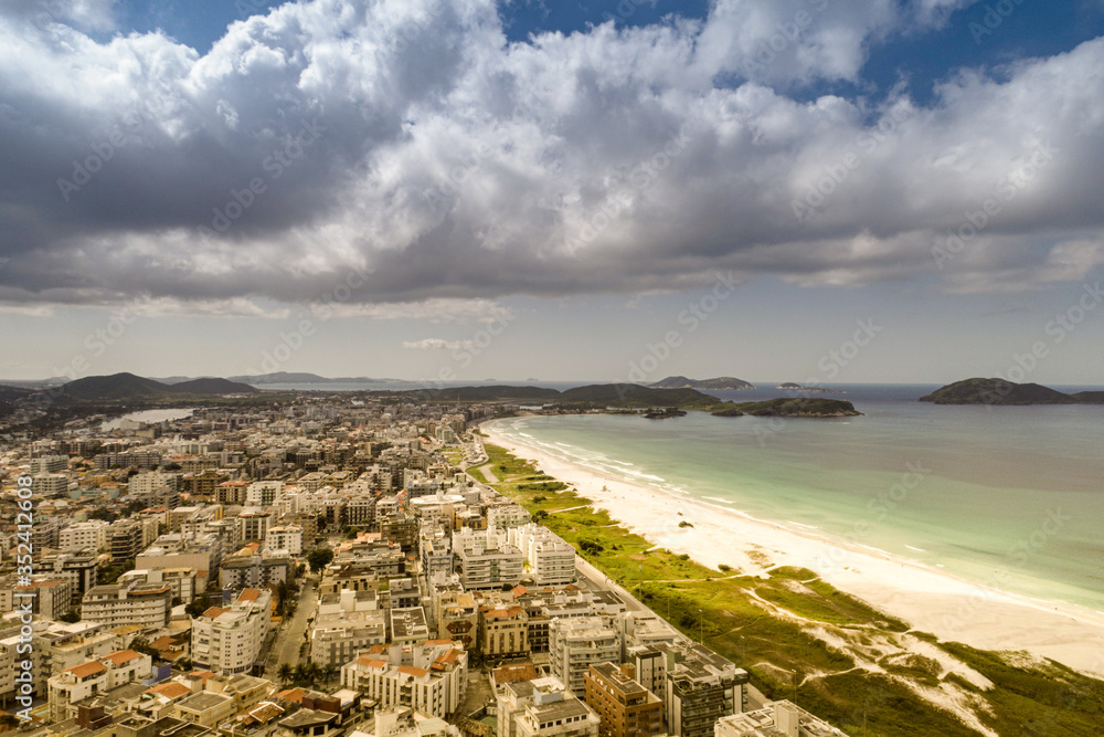 Aerial view of Cabo Frio city with buildings and Praia do Forte