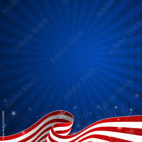 4th July background for American independence day with the USA waving flag and starburst. 4th July greeting card, postcard, sale banner, discount banner, etc. Vector design.