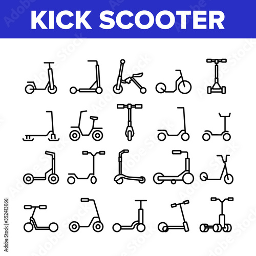 Kick Scooter Vehicle Collection Icons Set Vector. Kick Scooter In Different Style For Ride On Snow And Street, Electrical Urban Transport Concept Linear Pictograms. Monochrome Contour Illustrations