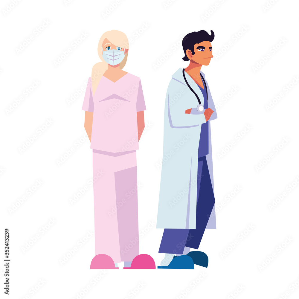 Man and woman doctor with uniforms and mask vector design Man and woman doctor with uniforms and mask vector design