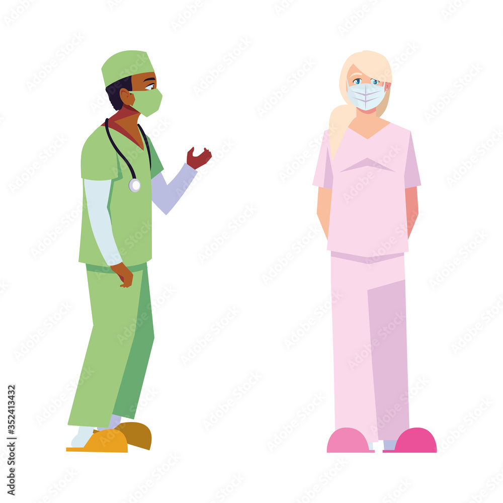 Man and woman doctor with uniforms and masks vector design Man and woman doctor with uniforms and masks vector design