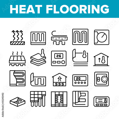 Heat Flooring Device Collection Icons Set Vector. Flooring Temperature Control Regulator And Equipment For Heating Room And House Concept Linear Pictograms. Monochrome Contour Illustrations