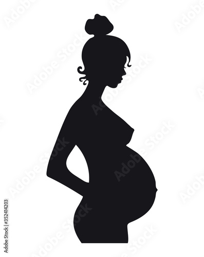 Black silhouette of a pregnant woman. Pregnancy, profile of a young beautiful mom. Clipart for design, vector illustration isolated on white background