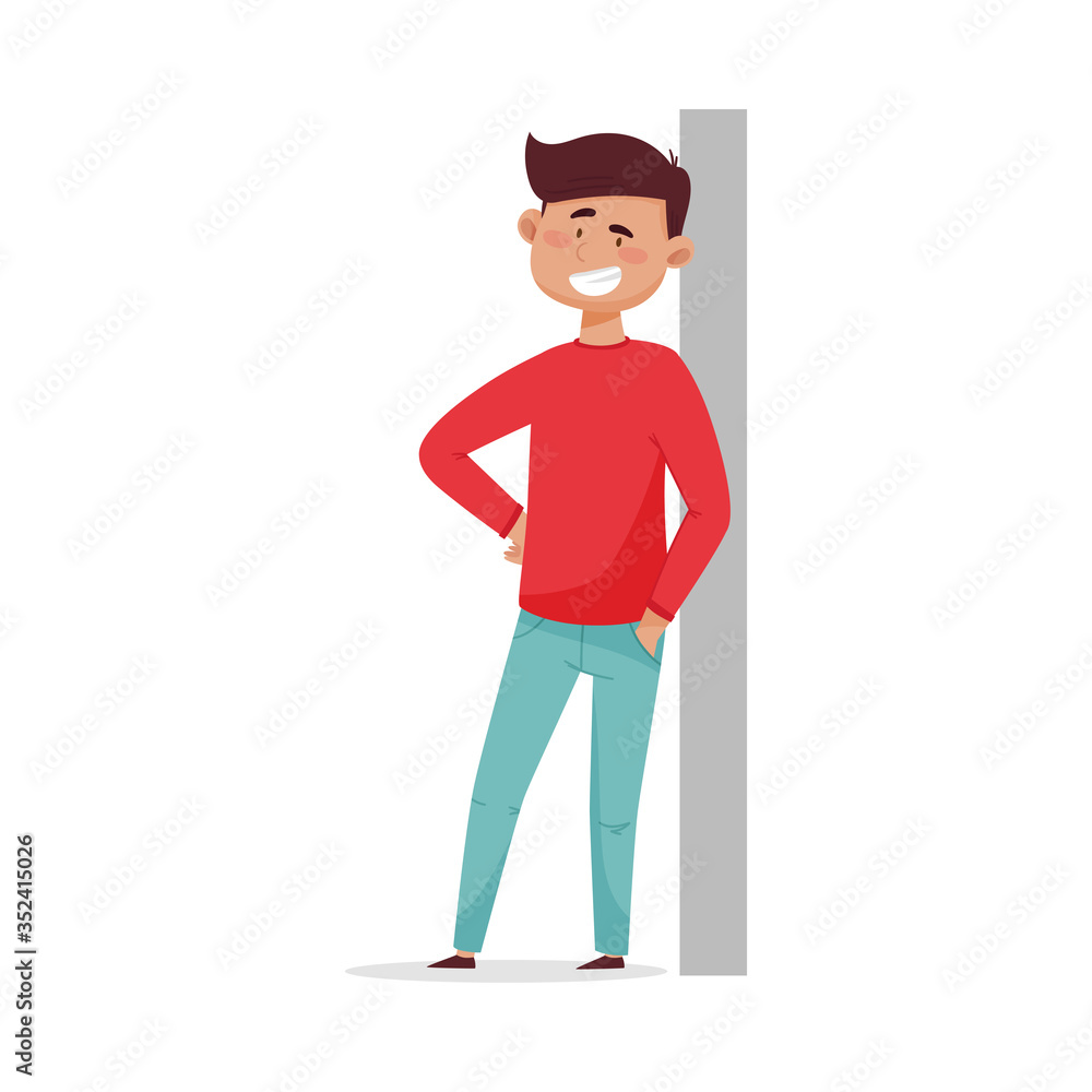 Young Dark-haired Man Leaning Against the Wall and Smiling Vector Illustration