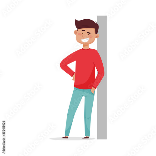 Young Dark-haired Man Leaning Against the Wall and Smiling Vector Illustration
