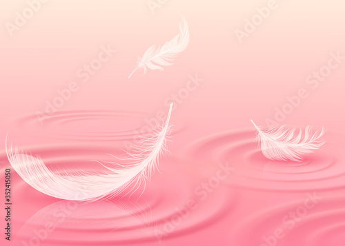 Background with feathers on liquid pink surface realistic vector illustration.
