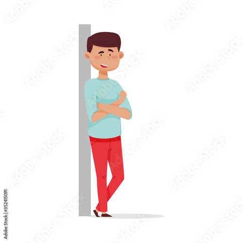Young Dark-haired Man Leaning Against the Wall with His Arms Crossed and Smiling Vector Illustration
