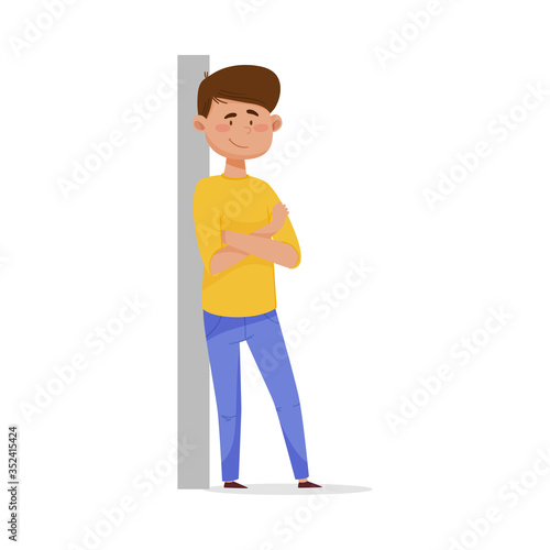 Young Dark-haired Man Leaning Against the Wall with His Arms Crossed and Smiling Vector Illustration