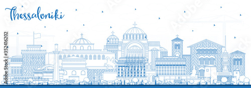 Outline Thessaloniki Greece City Skyline with Blue Buildings.