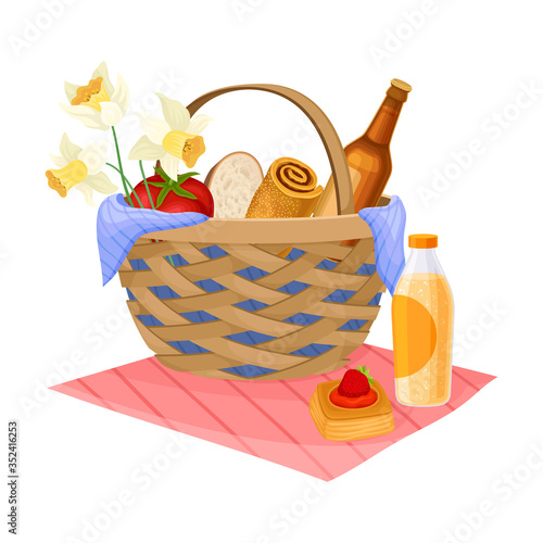 Picnic Wicker Hamper with Foodstuff for Eating Outdoors Vector Illustration
