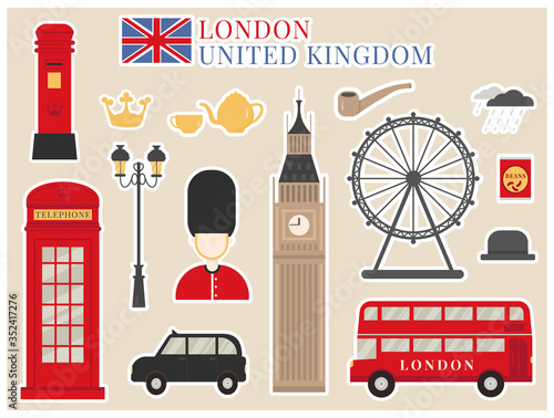Travelling Sticker pack. Sitesighing, british elements. London icon set. Big ben, London eye and red telephone booth. UK landmarks. Cartoon vector illustration.  